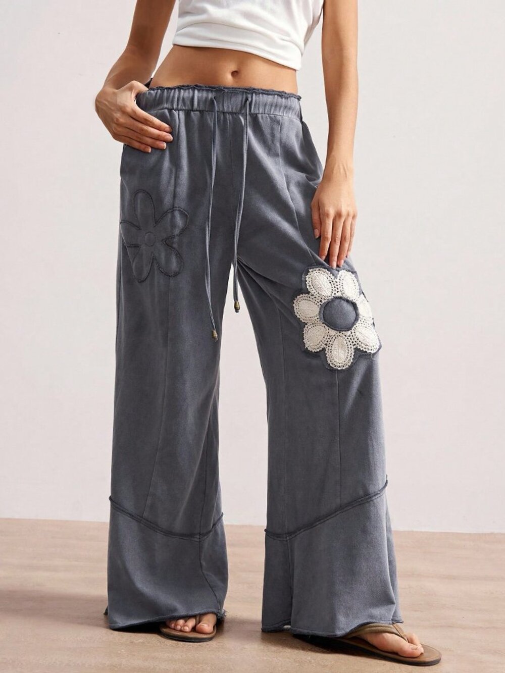 Grey Casual Women's High-Waist Drawstring Pocket Wide Leg Pants